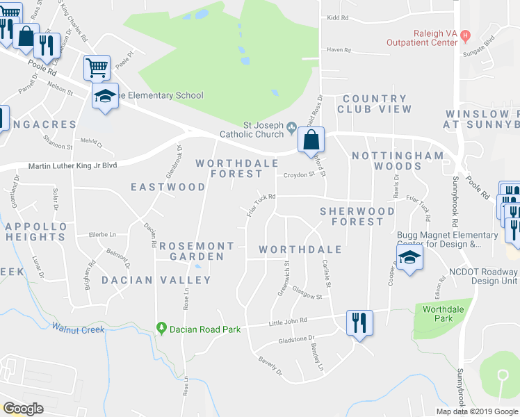 map of restaurants, bars, coffee shops, grocery stores, and more near 709 Friar Tuck Road in Raleigh