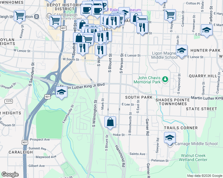map of restaurants, bars, coffee shops, grocery stores, and more near 212 Martin Luther King Junior Boulevard in Raleigh