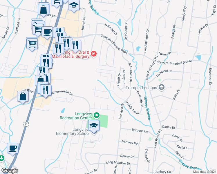 map of restaurants, bars, coffee shops, grocery stores, and more near 4979 Paddy Trace in Spring Hill