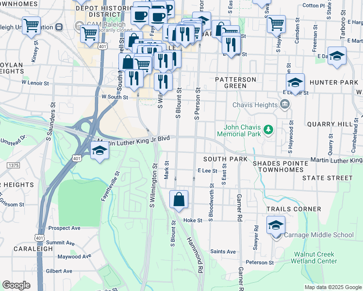map of restaurants, bars, coffee shops, grocery stores, and more near 212 Martin Luther King Junior Boulevard in Raleigh