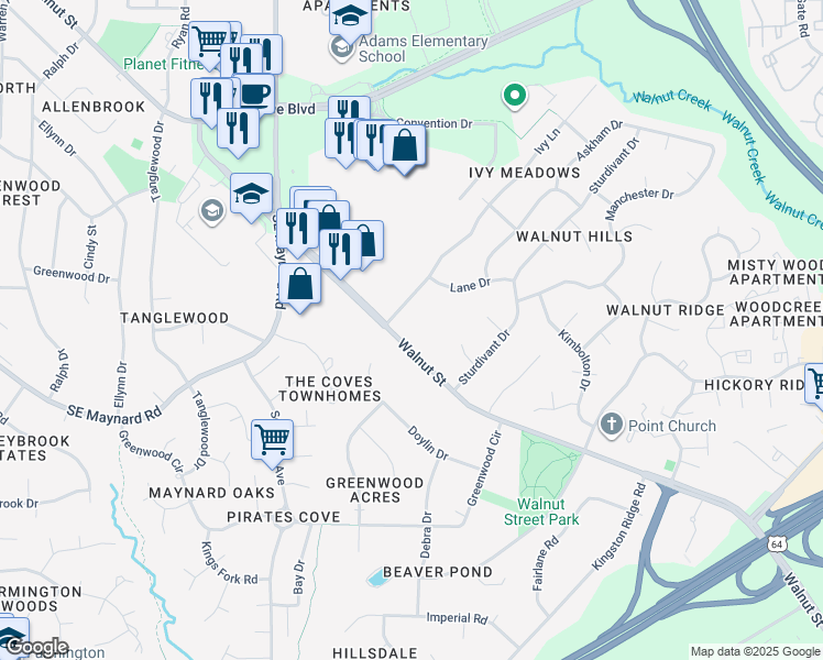map of restaurants, bars, coffee shops, grocery stores, and more near 1213 Walnut Street in Cary