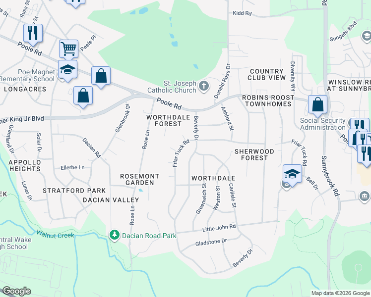 map of restaurants, bars, coffee shops, grocery stores, and more near 709 Friar Tuck Road in Raleigh