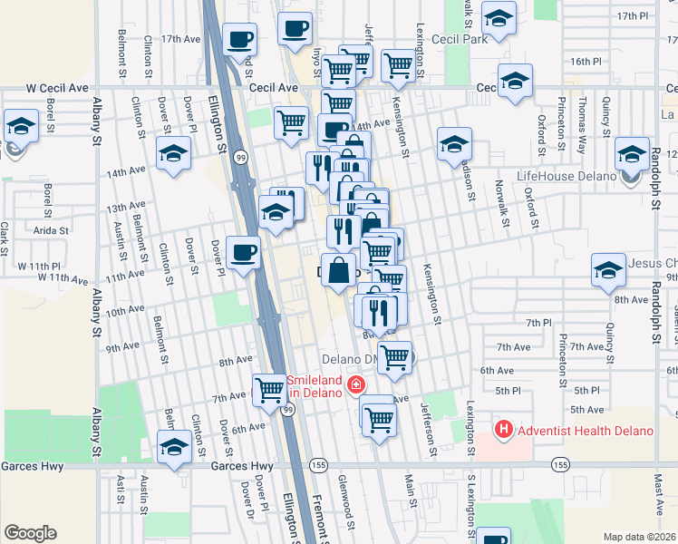 map of restaurants, bars, coffee shops, grocery stores, and more near 1509 Borel Street in Delano