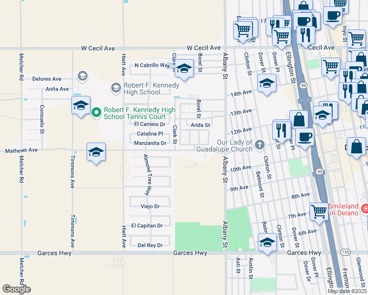 map of restaurants, bars, coffee shops, grocery stores, and more near 242 West 11th Place in Delano