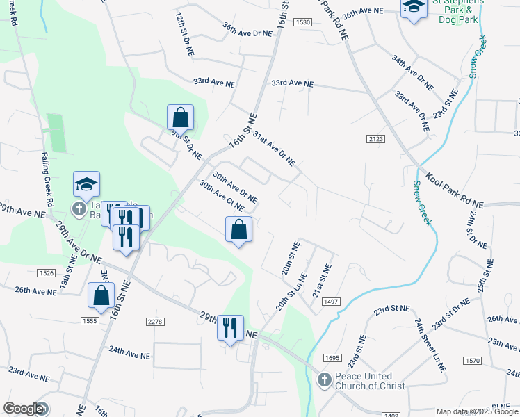 map of restaurants, bars, coffee shops, grocery stores, and more near 3064 17th Street Court Northeast in Hickory