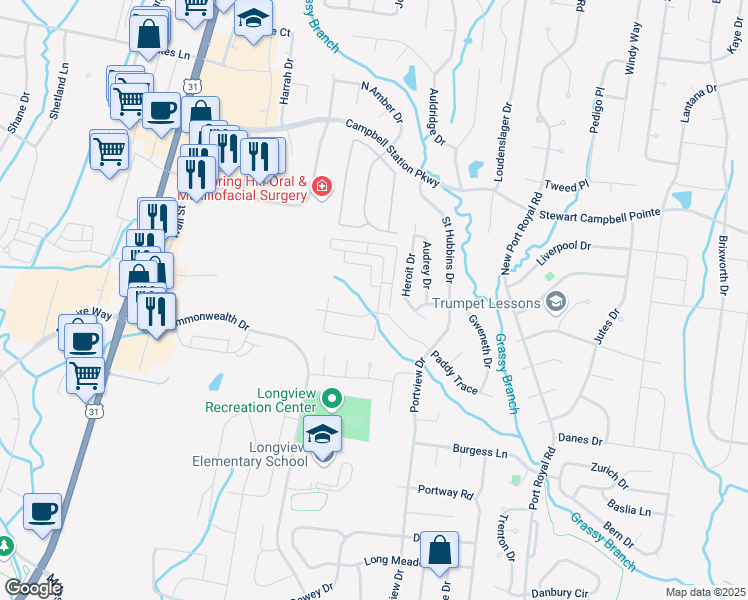 map of restaurants, bars, coffee shops, grocery stores, and more near 4979 Paddy Trace in Spring Hill