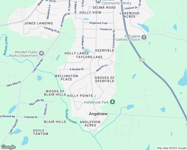 map of restaurants, bars, coffee shops, grocery stores, and more near 206 Mayors Lane in Wendell