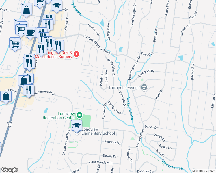 map of restaurants, bars, coffee shops, grocery stores, and more near 102 Shanache Drive in Spring Hill