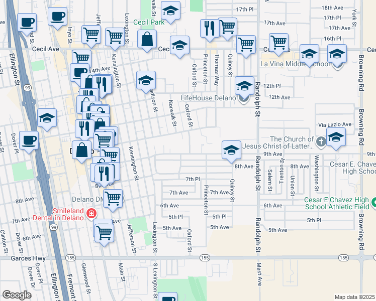 map of restaurants, bars, coffee shops, grocery stores, and more near 1423 9th Avenue in Delano