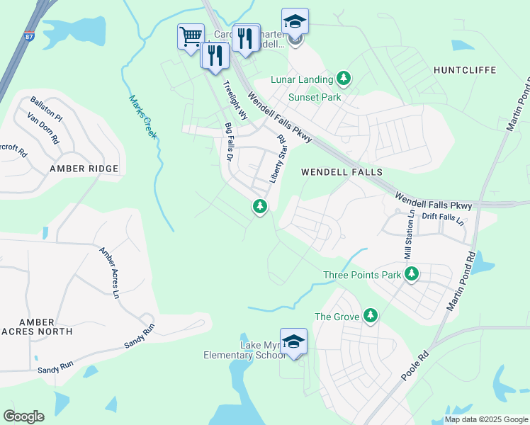 map of restaurants, bars, coffee shops, grocery stores, and more near 1817 Big Falls Drive in Wendell
