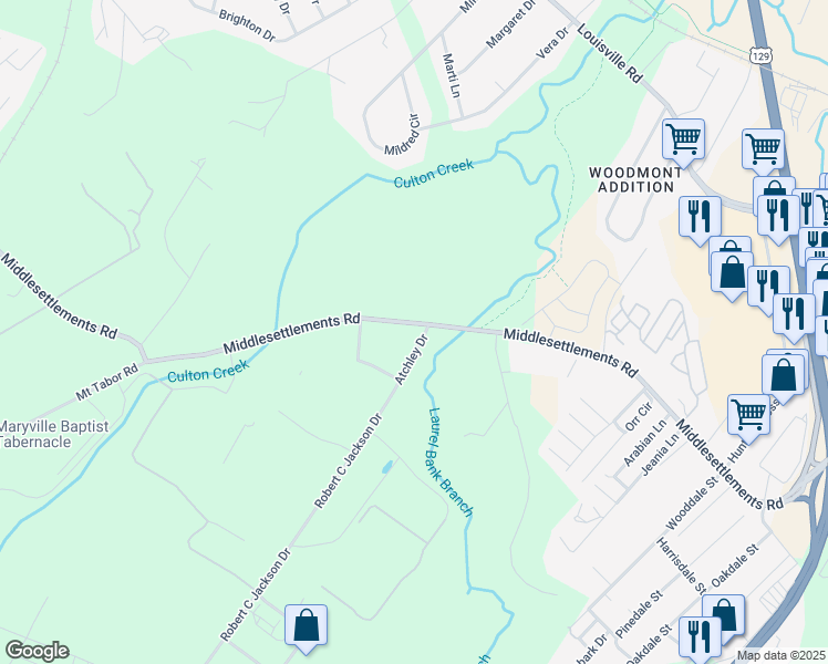 map of restaurants, bars, coffee shops, grocery stores, and more near 1925 Atchley Drive in Maryville