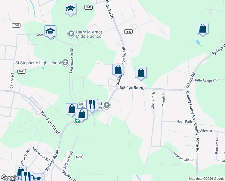 map of restaurants, bars, coffee shops, grocery stores, and more near 3653 Springs Road Northeast in Hickory