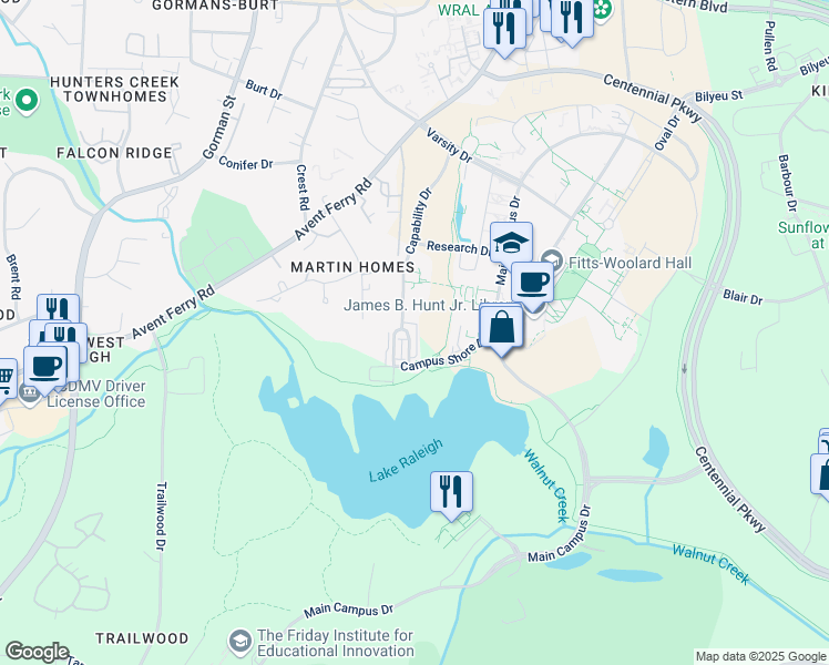 map of restaurants, bars, coffee shops, grocery stores, and more near 1211 Twin Branches Way in Raleigh