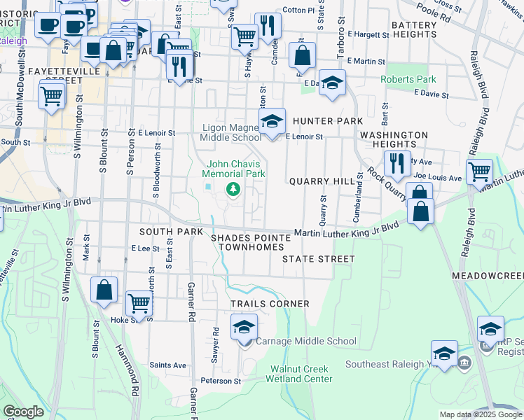 map of restaurants, bars, coffee shops, grocery stores, and more near 1031 South Haywood Street in Raleigh