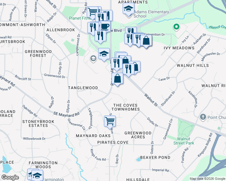 map of restaurants, bars, coffee shops, grocery stores, and more near 720 Southeast Maynard Road in Cary