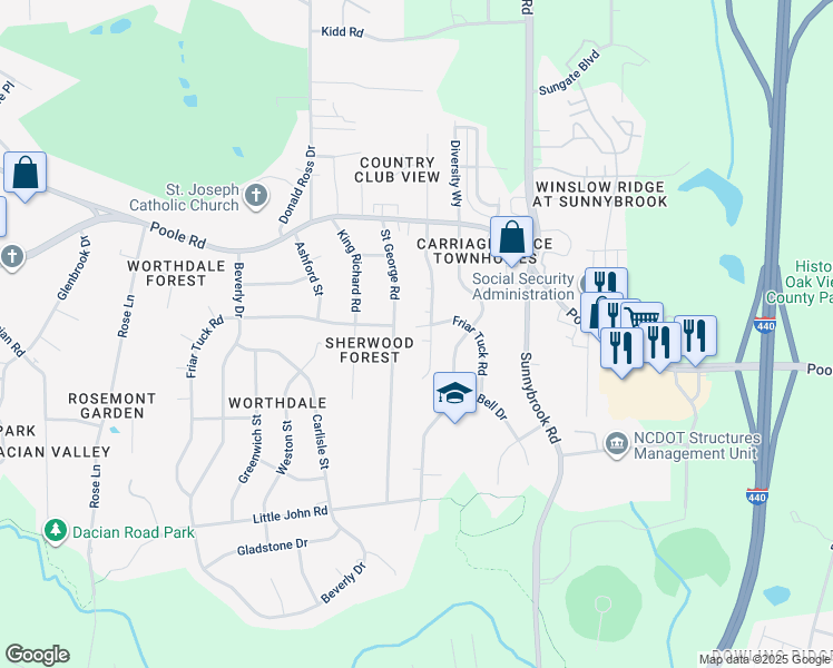 map of restaurants, bars, coffee shops, grocery stores, and more near 3105 Sweetgum Circle in Raleigh