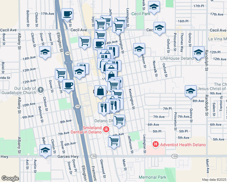 map of restaurants, bars, coffee shops, grocery stores, and more near 930 Main Street in Delano