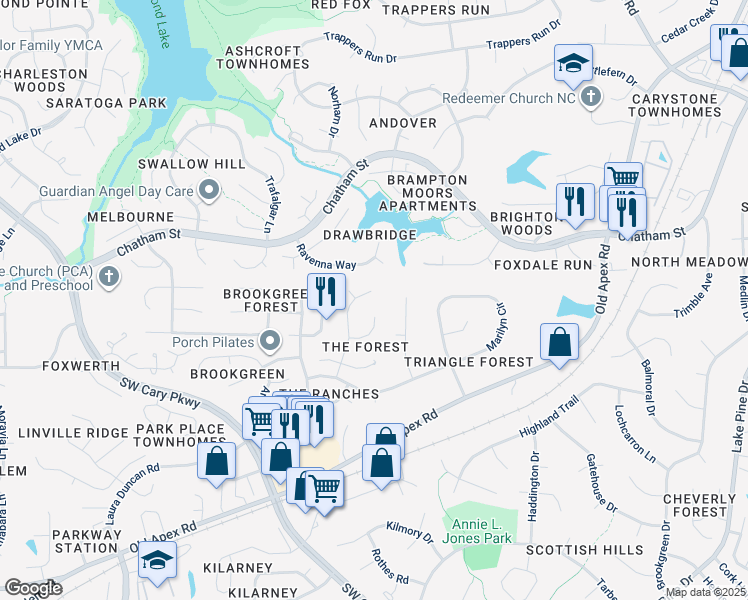 map of restaurants, bars, coffee shops, grocery stores, and more near 124 Trailing Oak in Cary