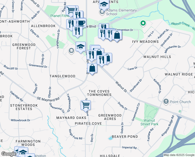 map of restaurants, bars, coffee shops, grocery stores, and more near 730 Southeast Maynard Road in Cary