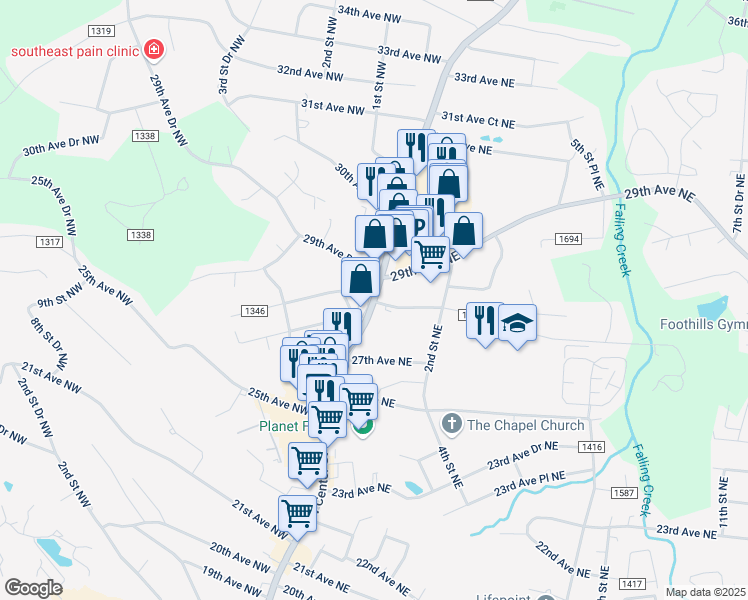 map of restaurants, bars, coffee shops, grocery stores, and more near 2801 North Center Street in Hickory