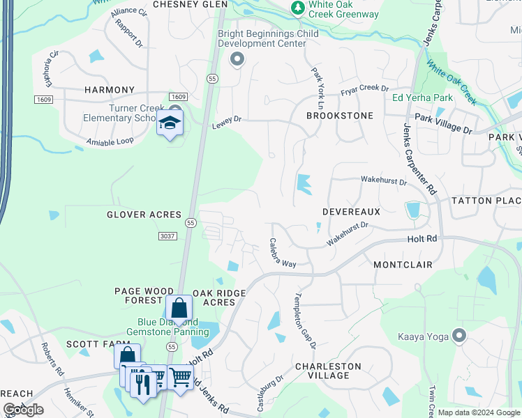 map of restaurants, bars, coffee shops, grocery stores, and more near 6701 Valley Woods Lane in Cary