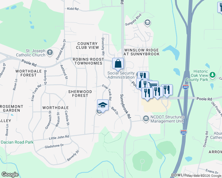 map of restaurants, bars, coffee shops, grocery stores, and more near 3305 Friar Tuck Road in Raleigh