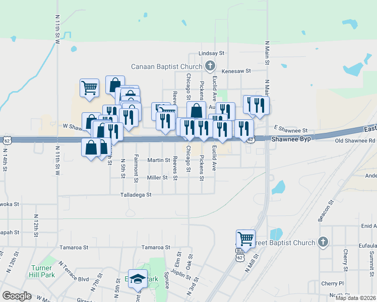 map of restaurants, bars, coffee shops, grocery stores, and more near 423 West Shawnee Street in Muskogee