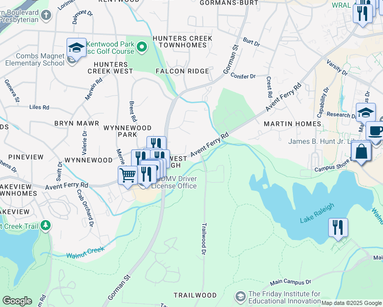 map of restaurants, bars, coffee shops, grocery stores, and more near 3114 Avent Ferry Road in Raleigh