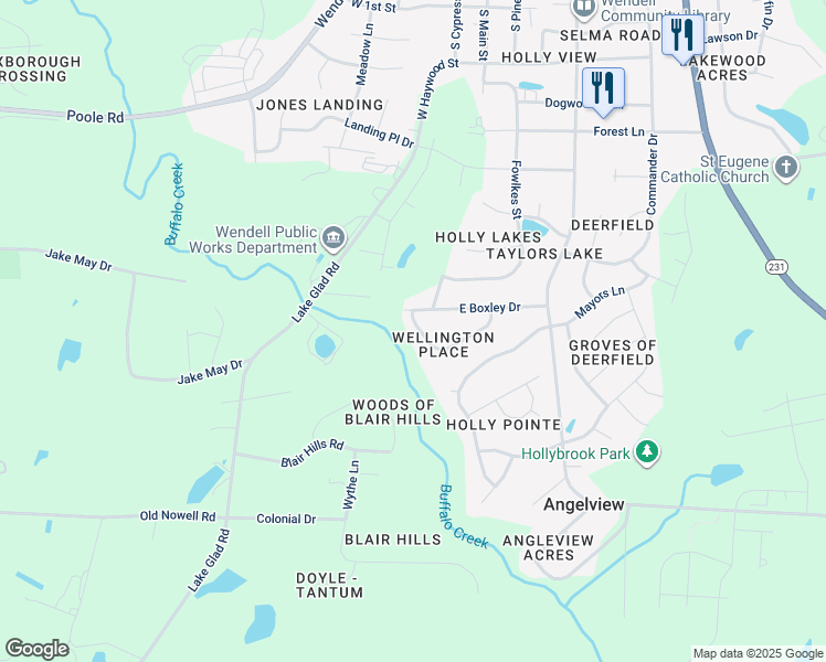 map of restaurants, bars, coffee shops, grocery stores, and more near 104 Grange Drive in Wendell