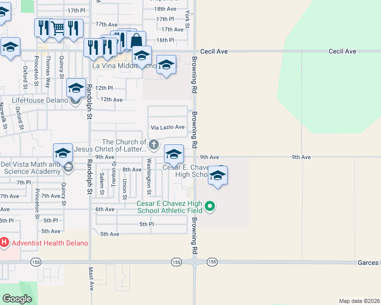 map of restaurants, bars, coffee shops, grocery stores, and more near 2236 Via Galleno Court in Delano