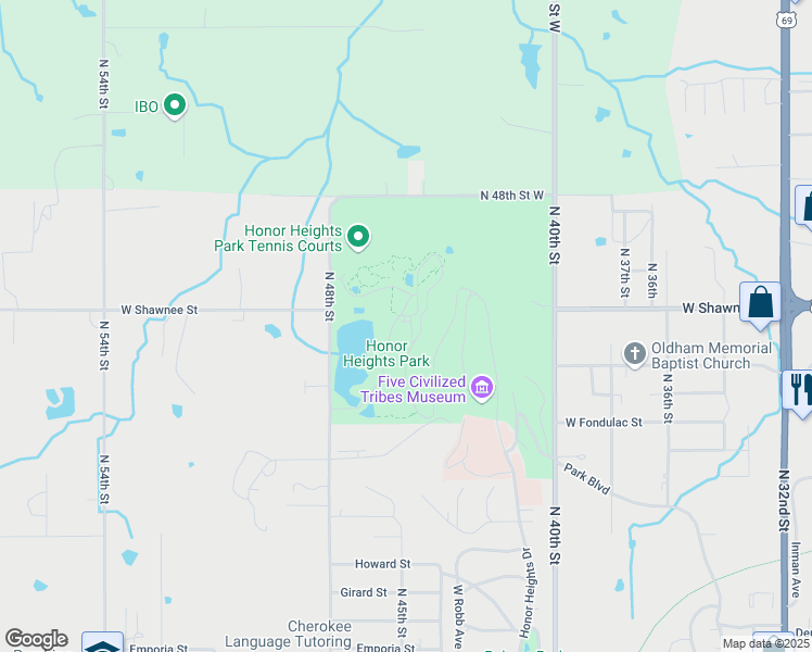 map of restaurants, bars, coffee shops, grocery stores, and more near 1400 Honor Heights Drive in Muskogee
