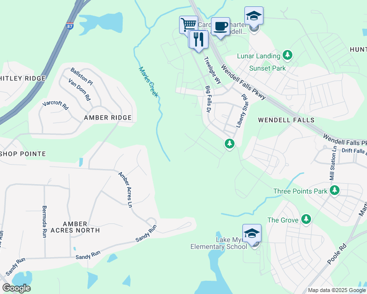 map of restaurants, bars, coffee shops, grocery stores, and more near 416 Underhill Way in Wendell