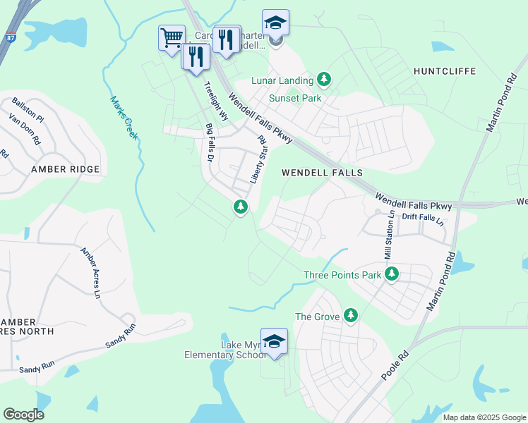 map of restaurants, bars, coffee shops, grocery stores, and more near 432 Vintage Point Lane in Wendell