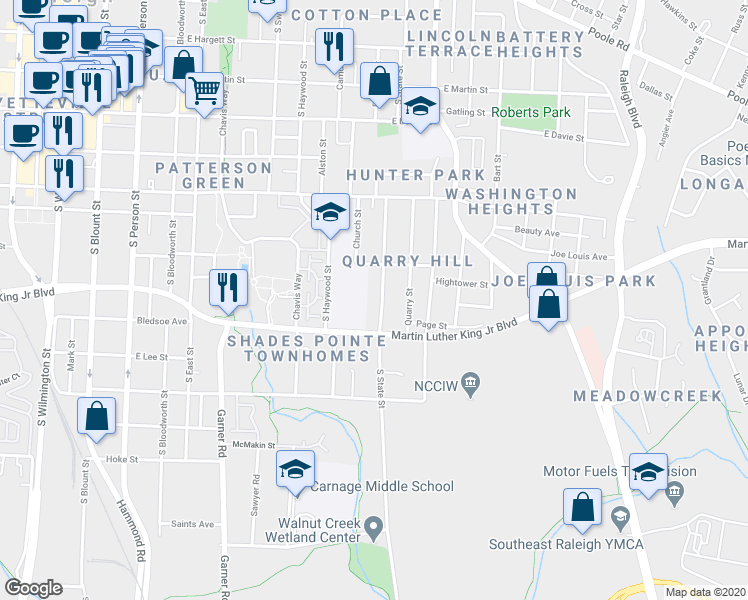 map of restaurants, bars, coffee shops, grocery stores, and more near 832 South State Street in Raleigh