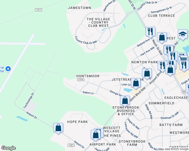 map of restaurants, bars, coffee shops, grocery stores, and more near 4061 Huntsmoor Lane in Wilson