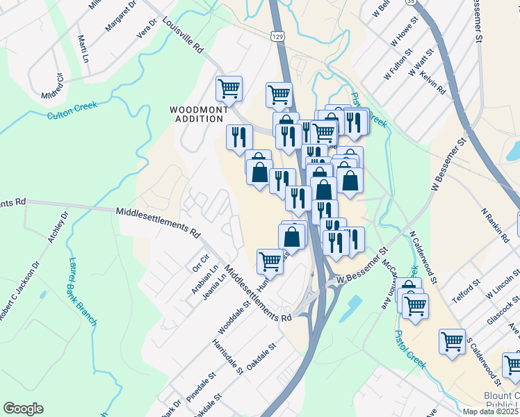 map of restaurants, bars, coffee shops, grocery stores, and more near 1090 Hunters Crossing in Alcoa