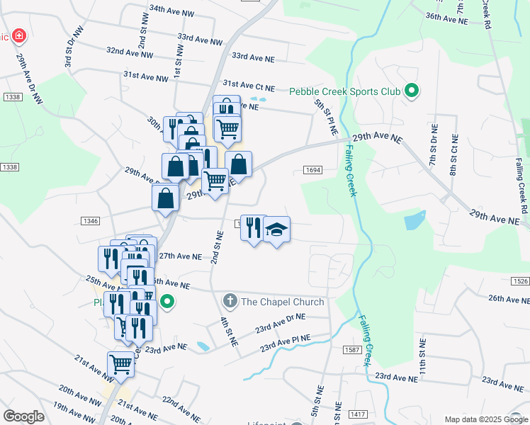 map of restaurants, bars, coffee shops, grocery stores, and more near 280 28th Ave NE in Hickory