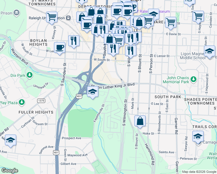map of restaurants, bars, coffee shops, grocery stores, and more near 900 Fayetteville Street in Raleigh