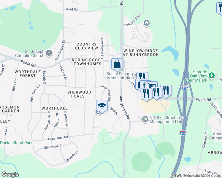 map of restaurants, bars, coffee shops, grocery stores, and more near 3305 Friar Tuck Road in Raleigh