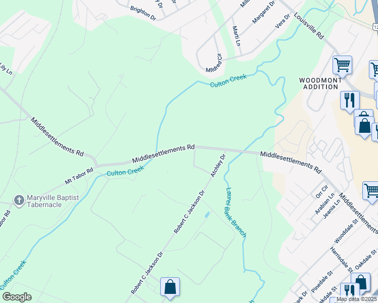 map of restaurants, bars, coffee shops, grocery stores, and more near 1363 Middlesettlements Road in Maryville