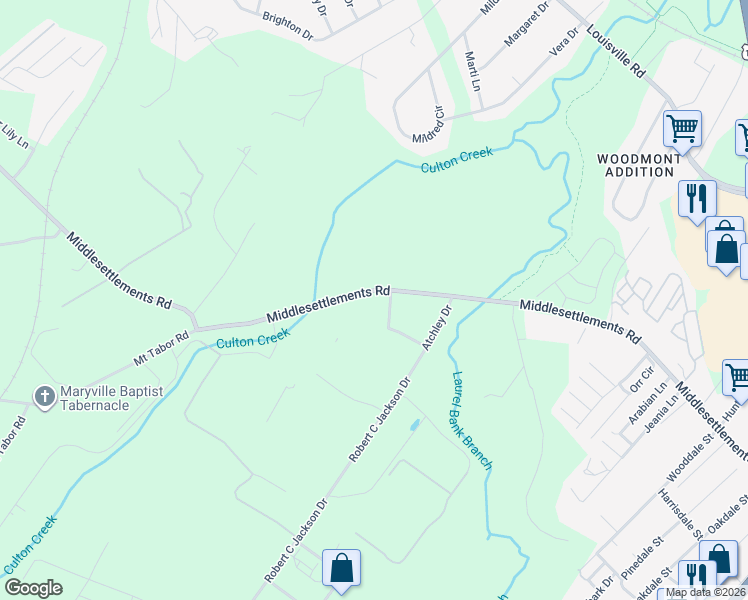 map of restaurants, bars, coffee shops, grocery stores, and more near 1363 Middlesettlements Road in Maryville