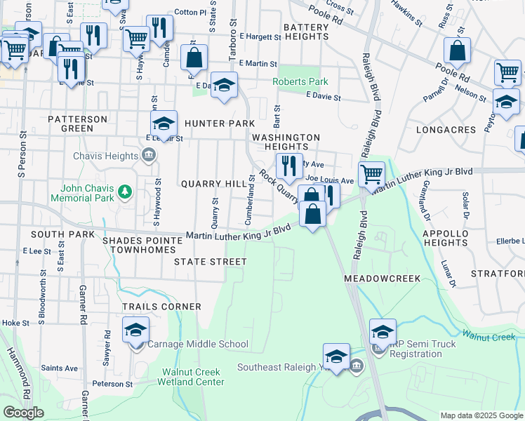 map of restaurants, bars, coffee shops, grocery stores, and more near 1107 Upchurch Street in Raleigh