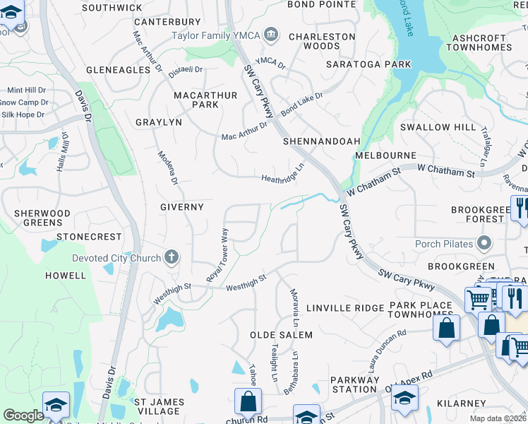 map of restaurants, bars, coffee shops, grocery stores, and more near 204 Castle Garden Street in Cary