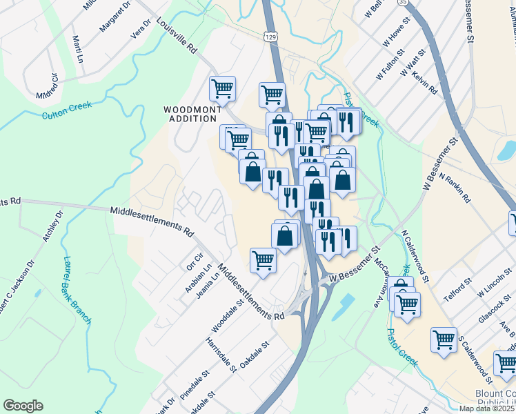map of restaurants, bars, coffee shops, grocery stores, and more near 1090 Hunters Crossing in Alcoa
