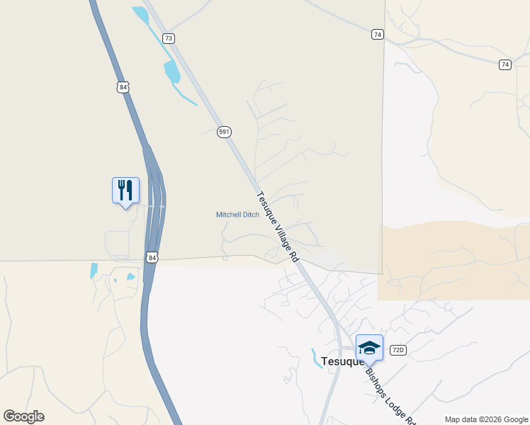 map of restaurants, bars, coffee shops, grocery stores, and more near 191 Tesuque Village Road in Santa Fe