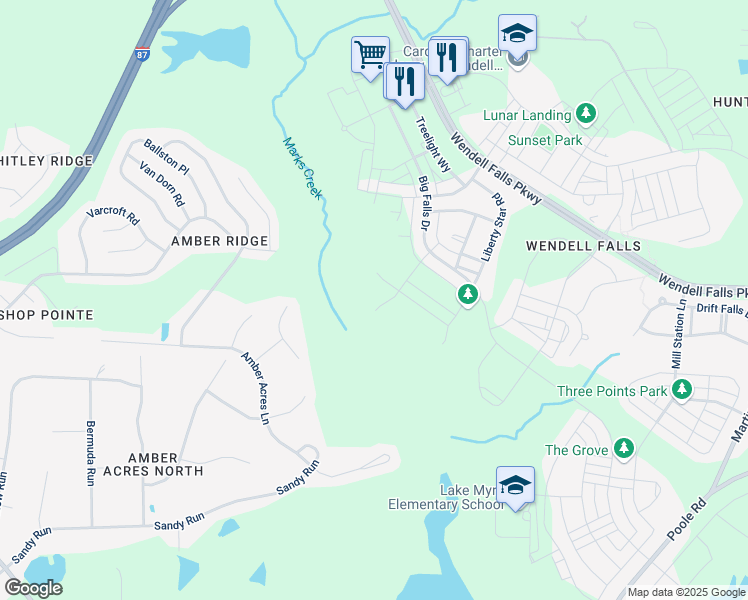 map of restaurants, bars, coffee shops, grocery stores, and more near 416 Underhill Way in Wendell