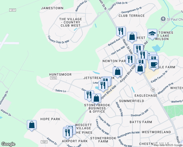 map of restaurants, bars, coffee shops, grocery stores, and more near 3702 Citation Court in Wilson