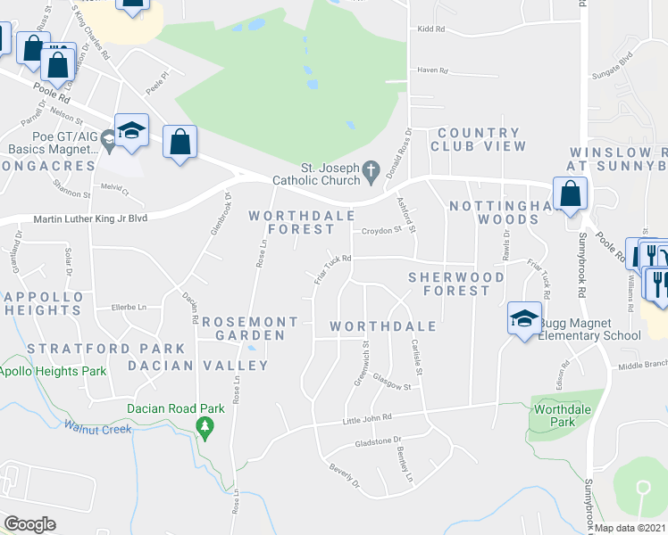 map of restaurants, bars, coffee shops, grocery stores, and more near 709 Friar Tuck Road in Raleigh