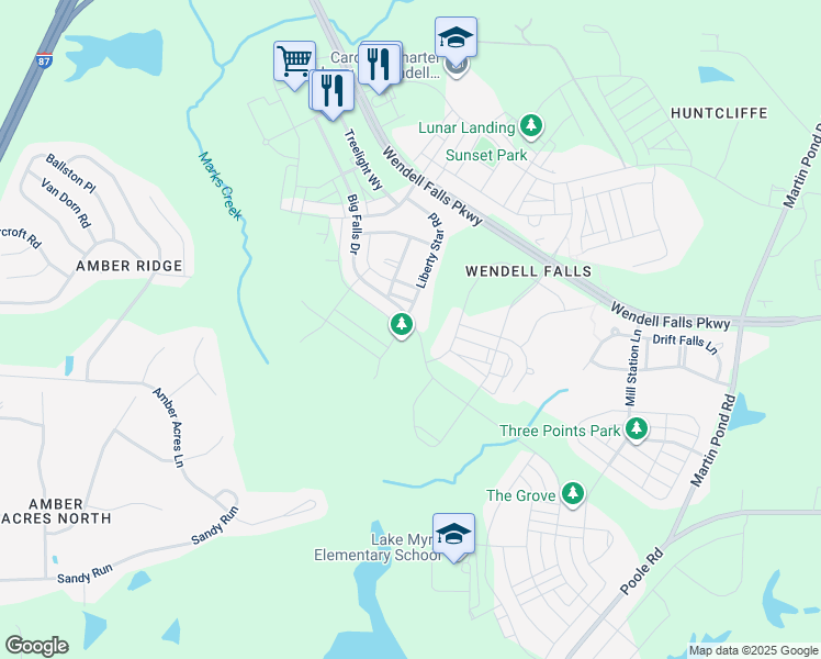 map of restaurants, bars, coffee shops, grocery stores, and more near 1817 Big Falls Drive in Wendell
