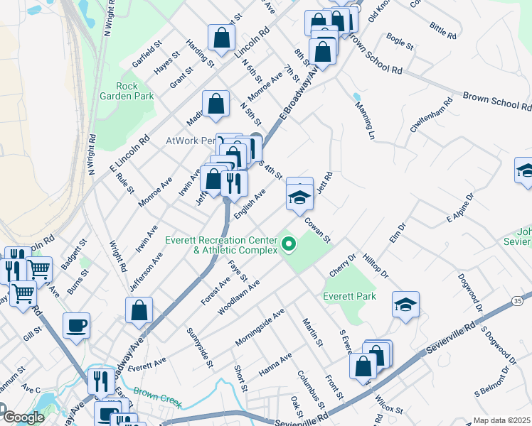 map of restaurants, bars, coffee shops, grocery stores, and more near 1521 Wales Avenue in Maryville
